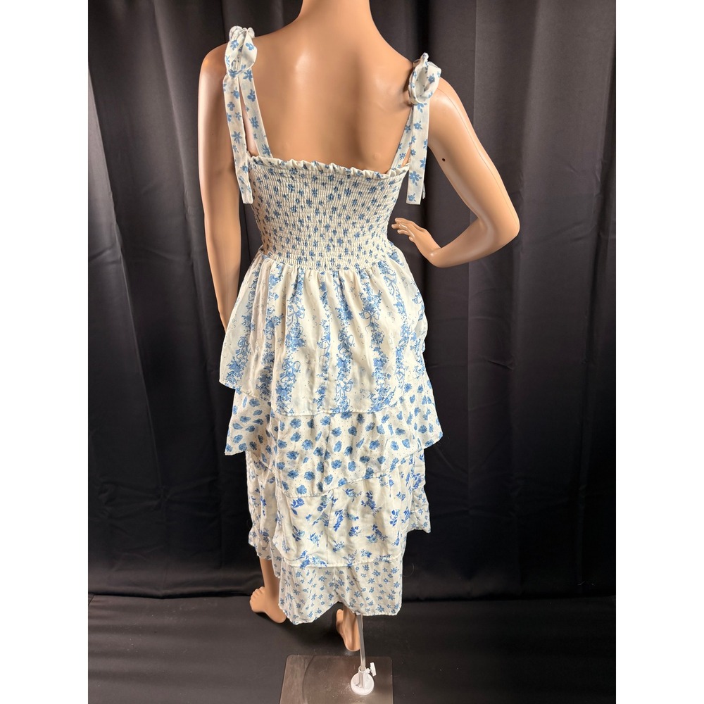 Crystal Doll Blue White Floral Smocked Tiered Midi Dress Sm Cottage Prairie Boho - Picture 3 of 14
